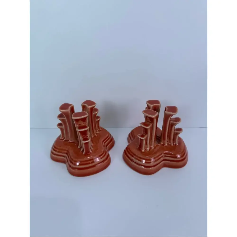 Fiesta Homer Laughlin Persimmon Pyramid Tripod Candle Holders Pair Retired